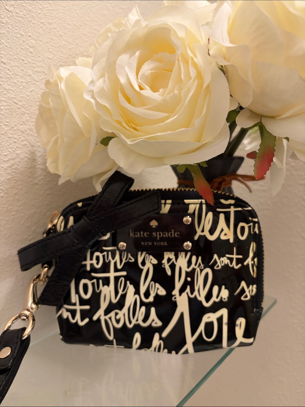 kate spade Black and White Script Patent Wristlet